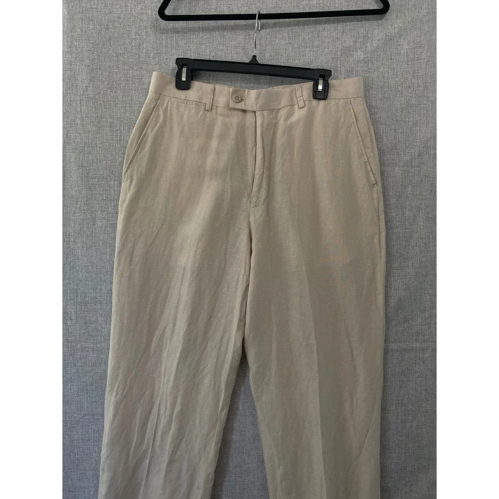 Louis Raphael LR2 Linen Blend Trousers Men 32x30 Beige Straight Leg Slub Dress